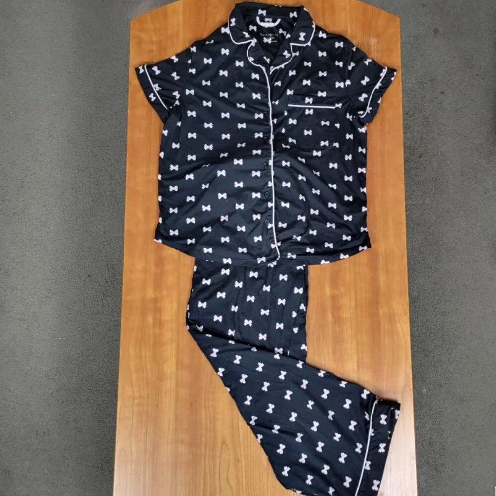 Women's Soft 2 Pc Kate Spade Pajama Set Black Pale Pink Bows - M - Picture 8 of 13
